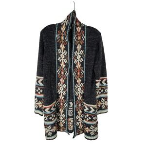 Gray Southwestern Fair Isle Longline Cardigan Sweater Medium‎ Boho